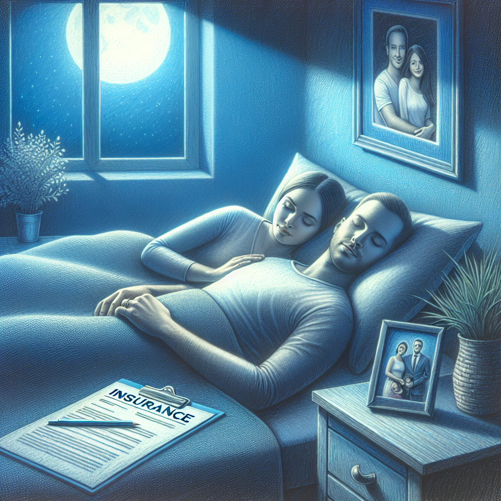 Pareja durmiendo en un dormitorio tranquilo, con luz de luna y un documento de seguro en la mesita de noche.