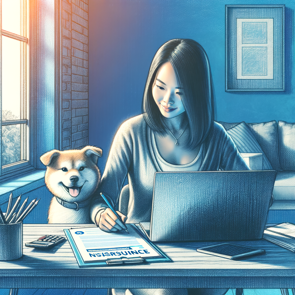 Dueño revisando opiniones sobre seguros de mascotas en su oficina en casa, con su gato o perro sentado contento a su lado.