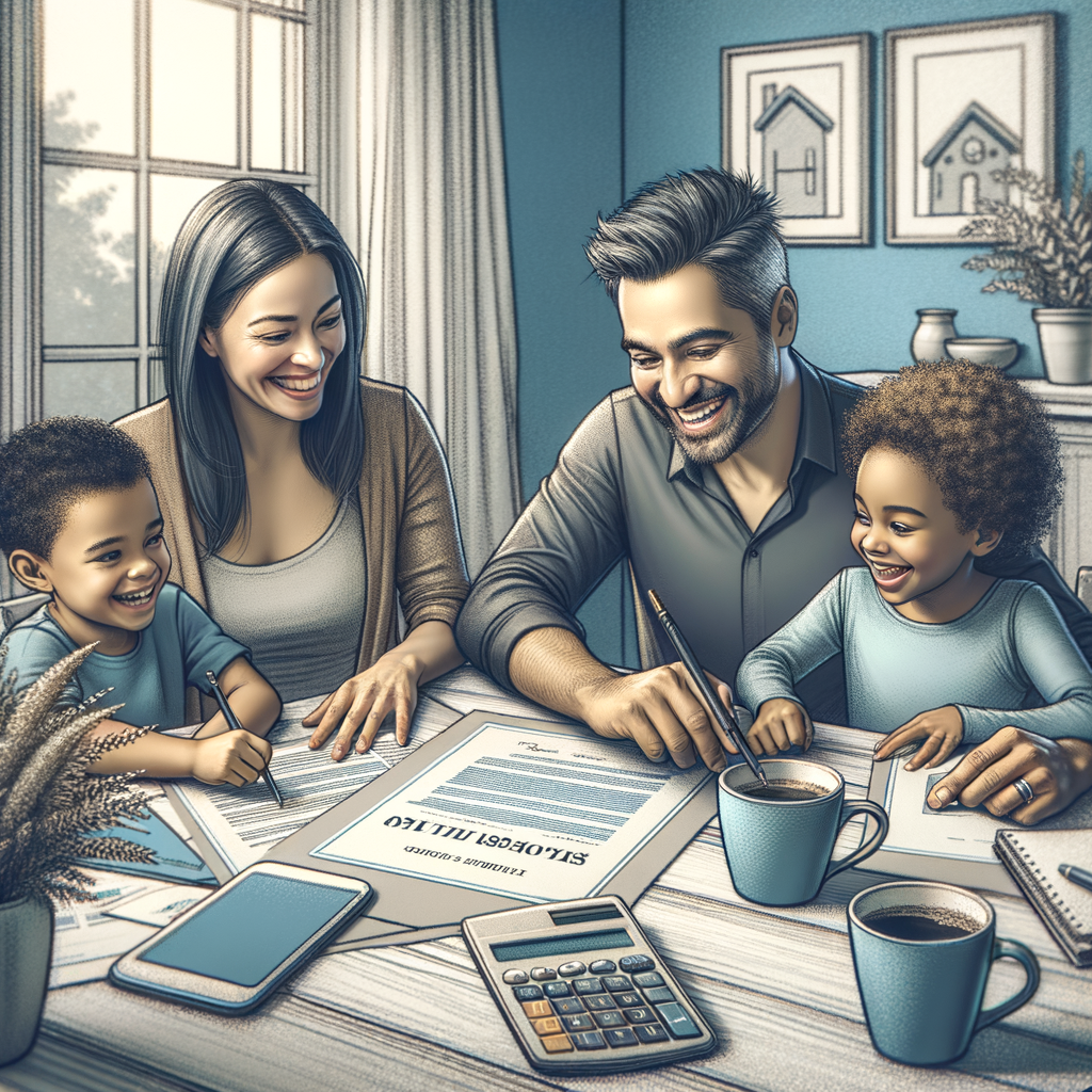 Familia sentada en la mesa revisando un documento de seguro de vida y discutiendo finanzas con alegría, rodeados de un ambiente cálido.