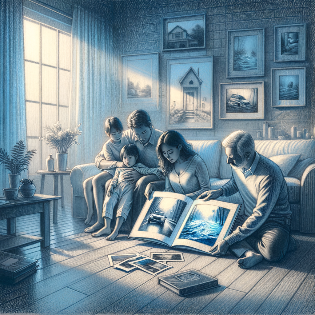 Familia reunida en el salón mirando un álbum de fotos que muestra imágenes de un accidente de coche y una casa inundada, reflexionando sobre la importancia del seguro.