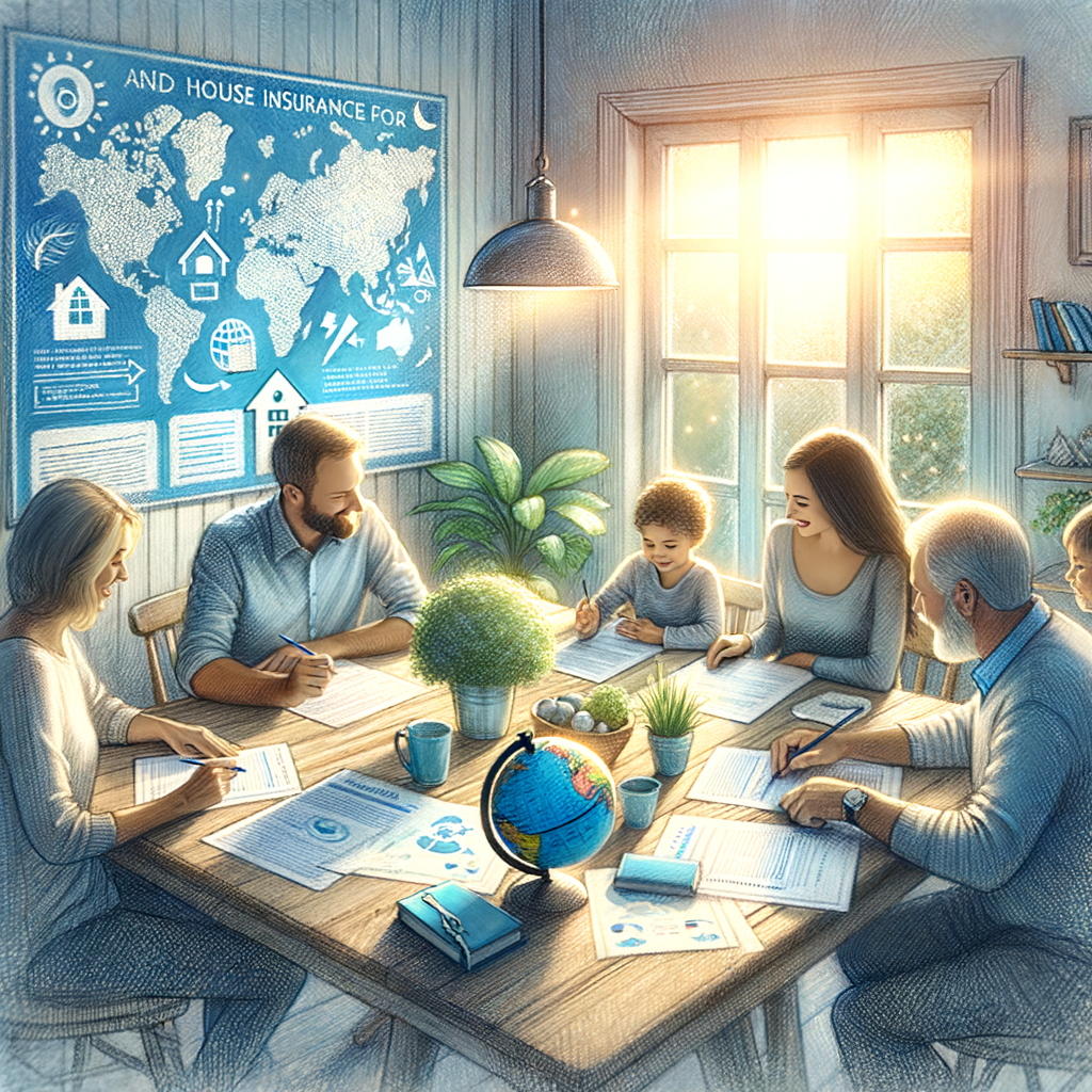 Familia reunida alrededor de una mesa revisando documentos de seguro de hogar que destacan la cobertura para eventos climáticos, con un globo y un mapa del tiempo visibles.