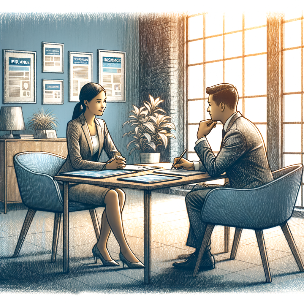 Cliente sentado en una oficina acogedora conversando amigablemente con un asesor de seguros, recibiendo orientación personalizada con folletos organizados en la mesa.