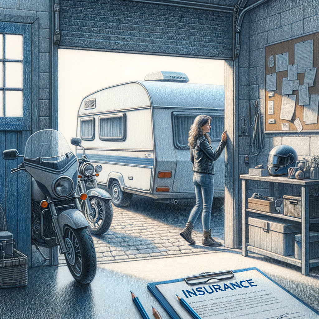 Persona revisando su caravana y motocicleta en un garaje, con un documento de póliza de seguro sobre un banco de trabajo, simbolizando la protección continua.