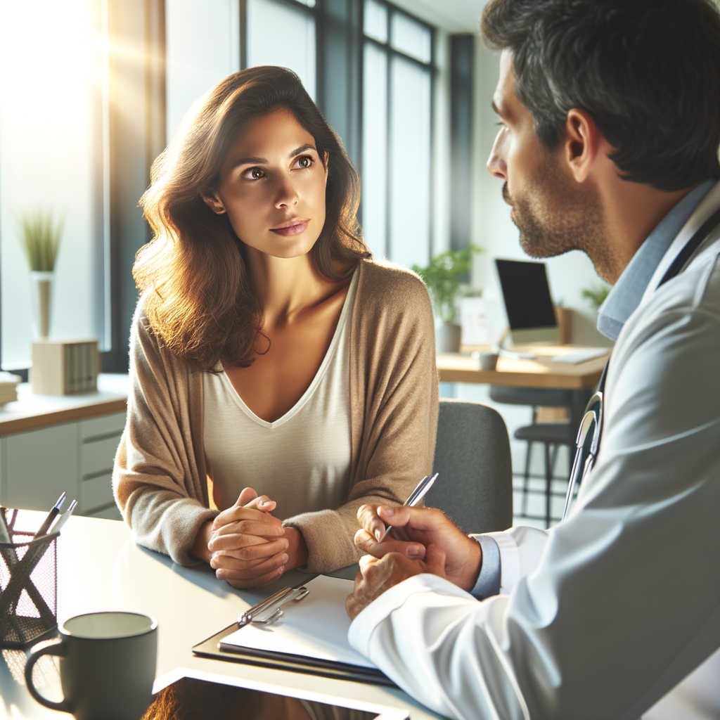 Mujer española en sus 30s conversando tranquilamente con un doctor en una consulta moderna y luminosa, con luz natural que crea un ambiente cálido y confiable.