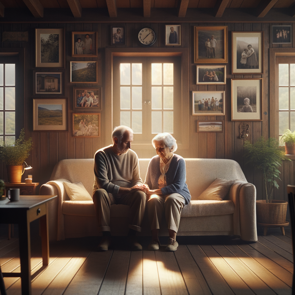 Pareja de ancianos españoles sentados en un sofá cómodo, tomados de la mano y compartiendo una mirada tranquila en su salón, con fotos familiares en la pared y luz natural que llena el espacio.