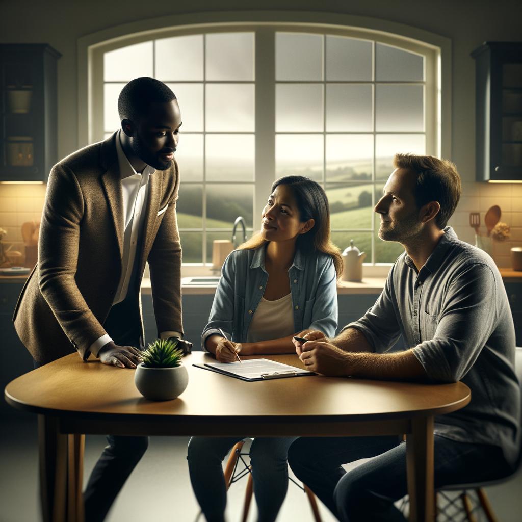 Frase previsión con asesor local explicando seguro a una pareja en mesa de cocina, luz suave y colinas verdes tras la ventana