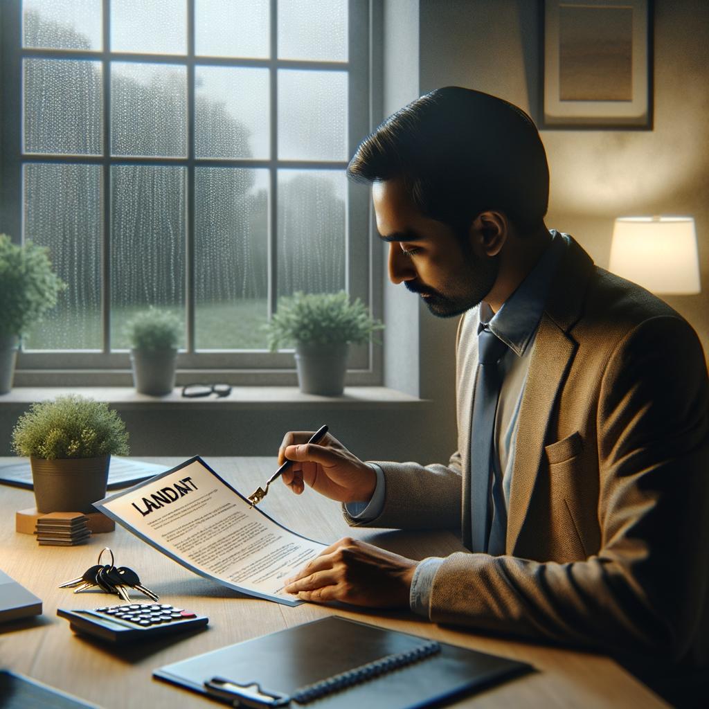 Seguro impago historia con propietario revisando contrato de alquiler en mesa con llaves, luz cálida y ventana con lluvia