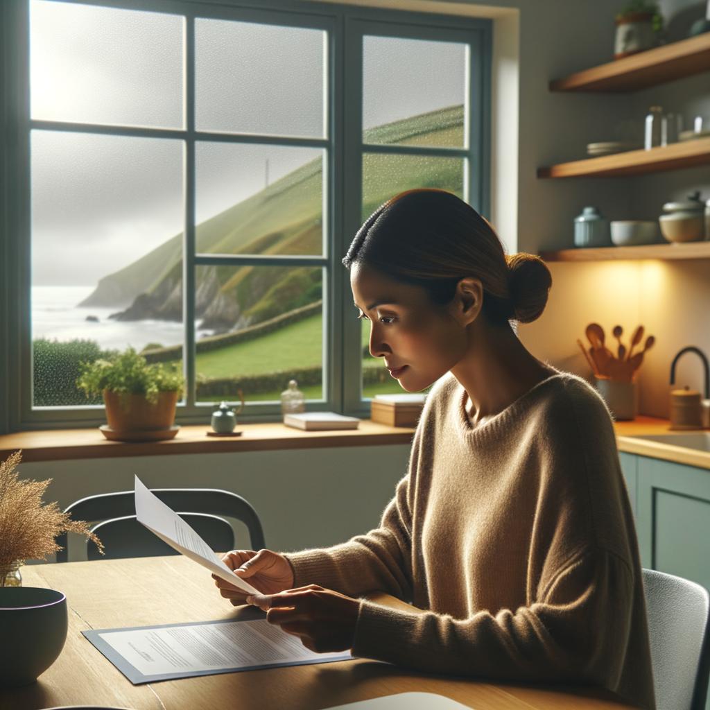 cobertura seguro hogar con persona revisando póliza en cocina, ventana con colinas verdes y lluvia suave