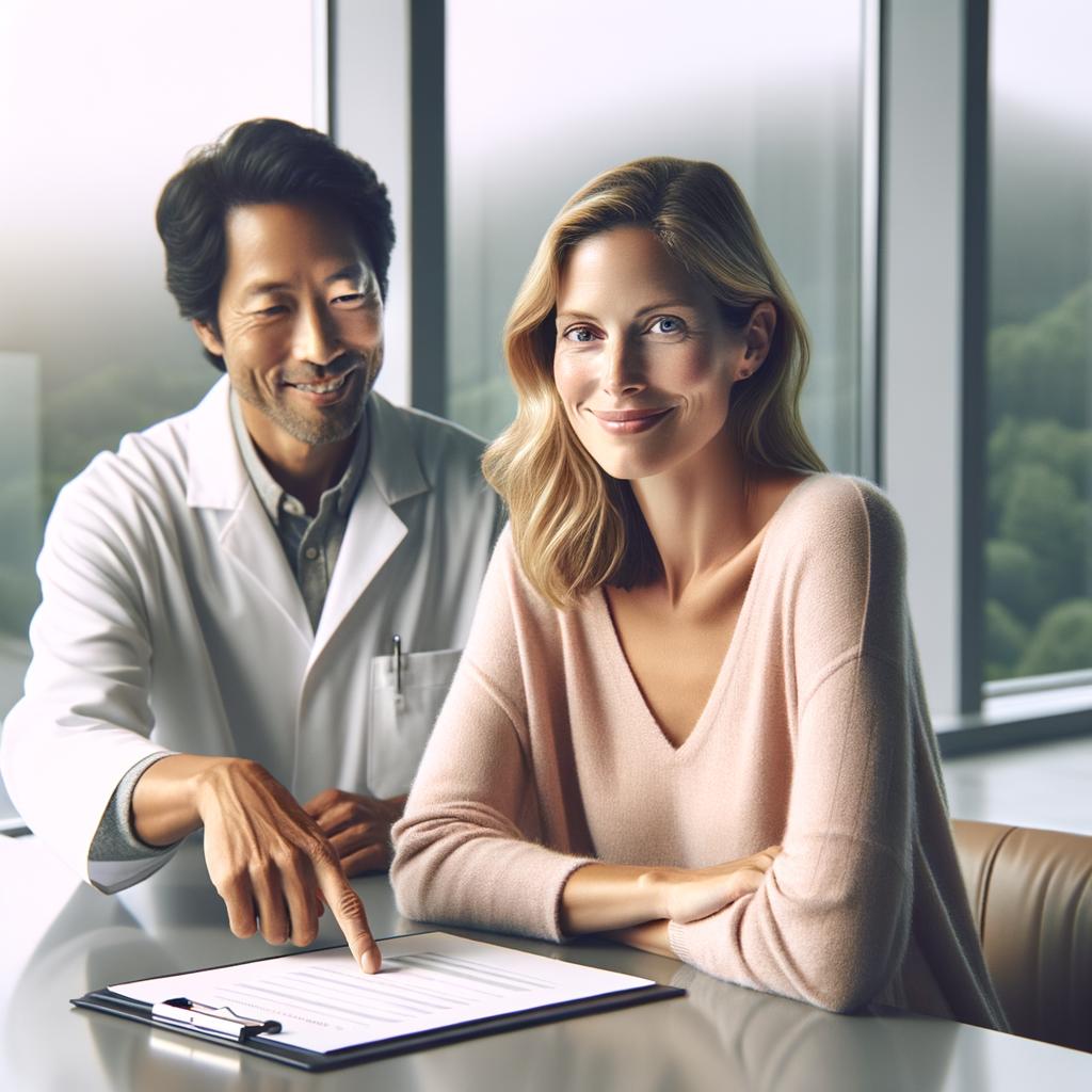 Experiencia seguro salud con asesor sanitario y persona en clínica moderna, señalando informe junto a ventana con colinas