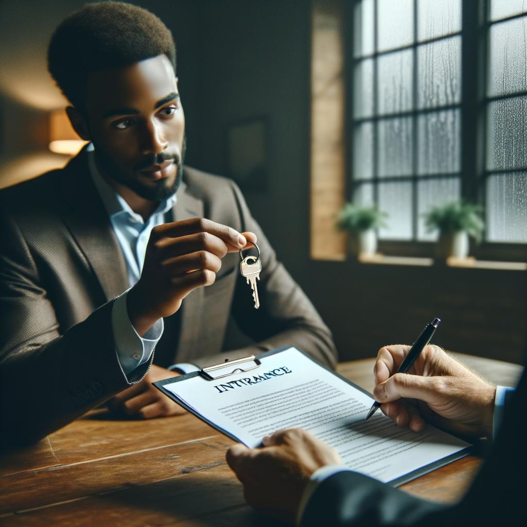 Seguro impago alquiler con mano entregando llave y asesor revisando contrato en mesa, luz suave y ventana con lluvia