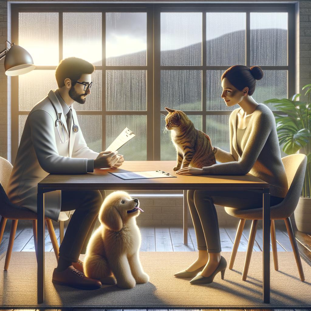 Seguro salud mascotas con asesor y cliente, gato en la mesa y perro sentado, ventana con lluvia y montes al fondo