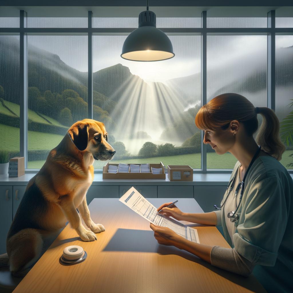 Seguro veterinario reembolso con perro en mesa y profesional revisando factura en clínica, colinas verdes tras ventanal