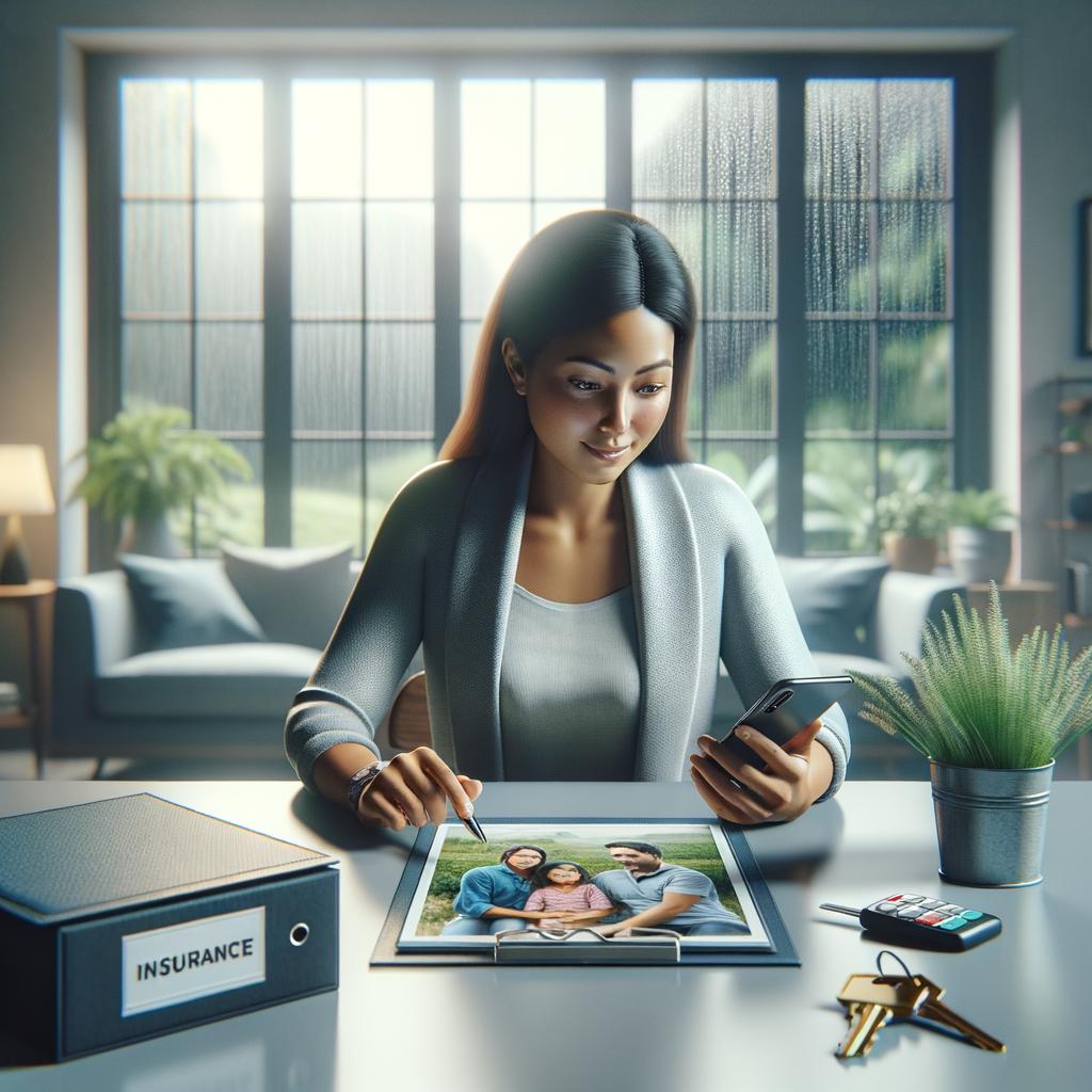 Imagen seguro decisión con persona viendo foto familiar en móvil, carpeta de seguros y llaves en mesa, ventana lluviosa