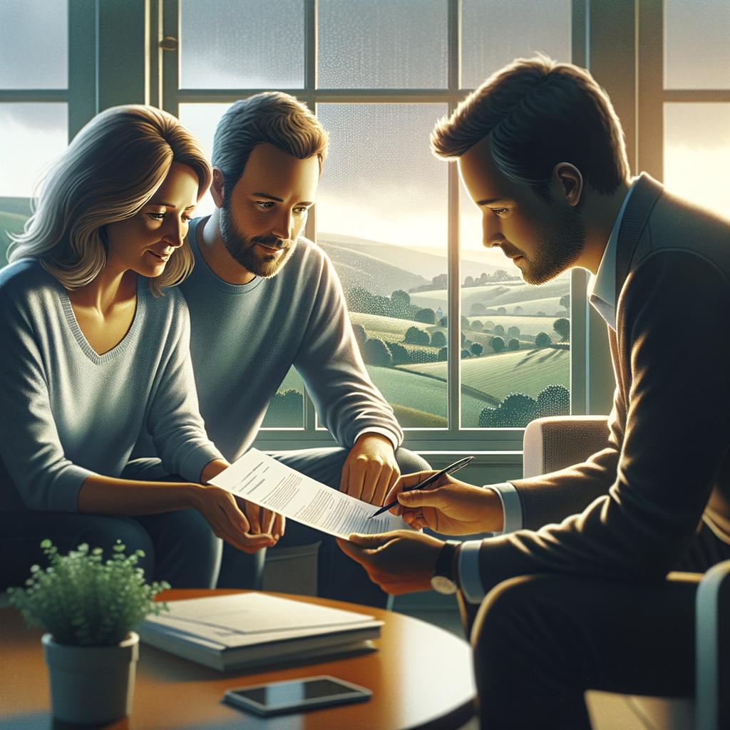 Seguro vida familiar con pareja y asesor revisando documento en el salón, luz suave, colinas verdes y lluvia tras la ventana