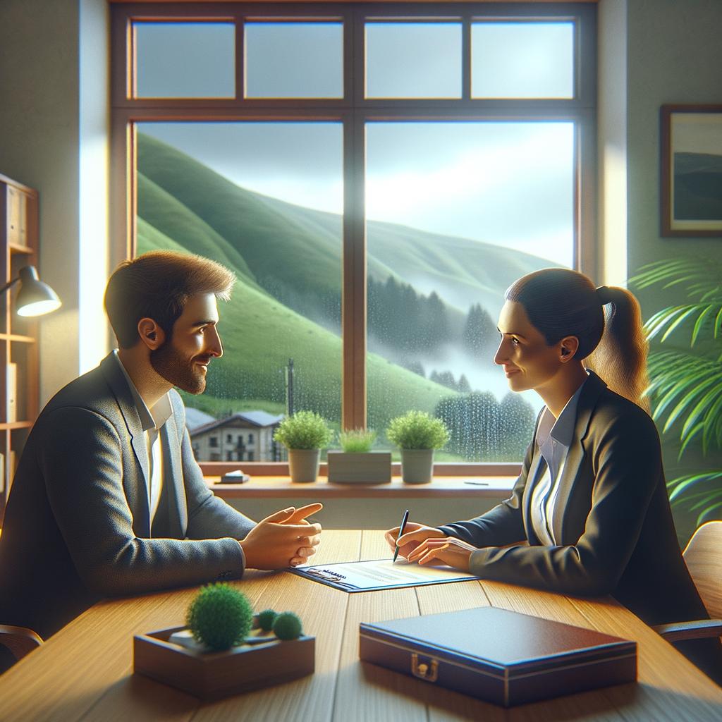 Confianza correduría con asesor y cliente firmando contrato en mesa junto a ventana con lluvia y montes verdes