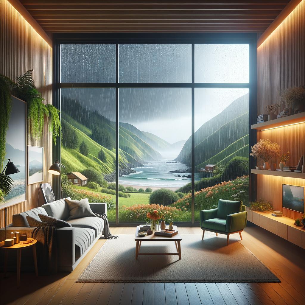Seguro hogar cambio climático con salón cálido y gran ventanal hacia colinas verdes bajo lluvia