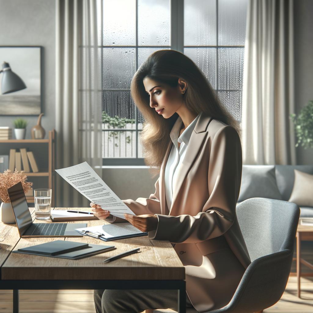 Seguro impago alquiler con persona revisando un contrato en un despacho luminoso junto a una ventana con lluvia