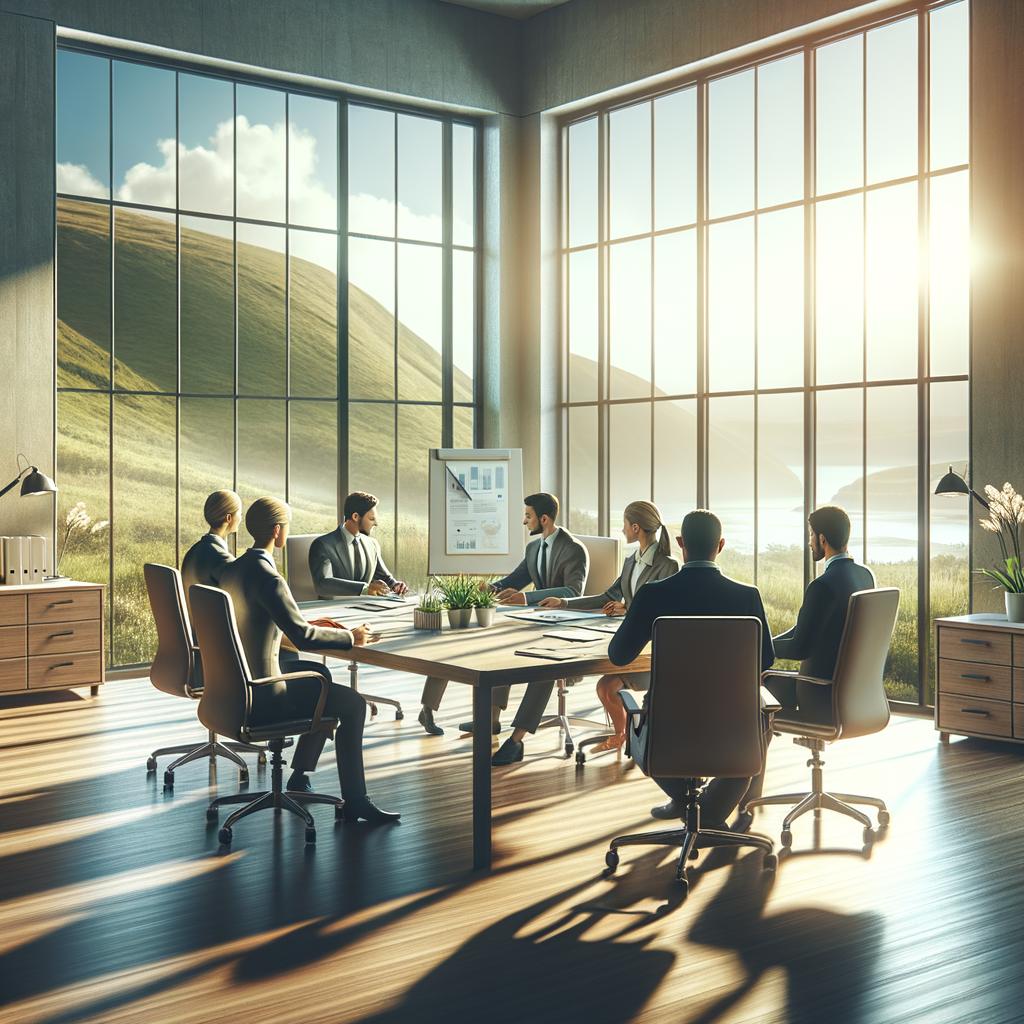 Seguro salud colectivo con equipo de trabajo reunido en una oficina luminosa con vistas verdes