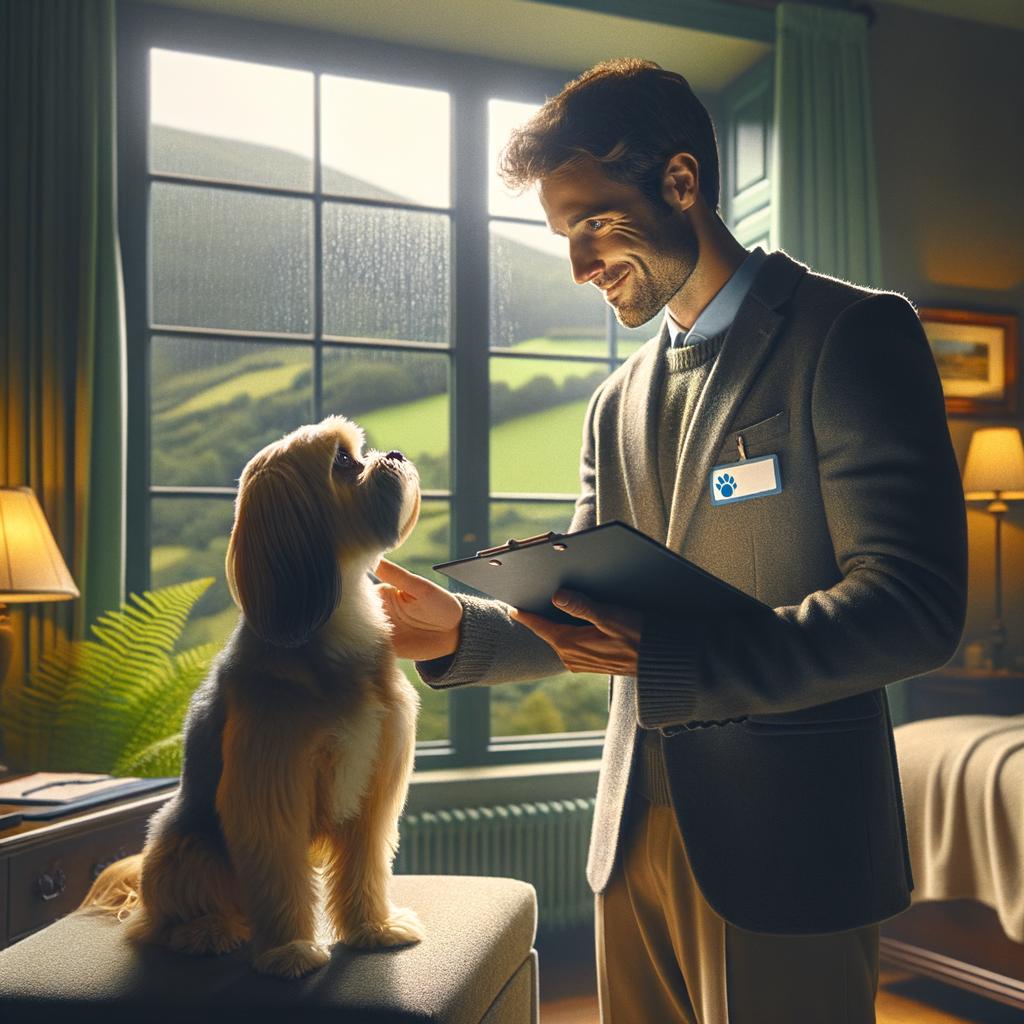 Experiencia seguro mascotas con persona revisando a un perro en una sala iluminada