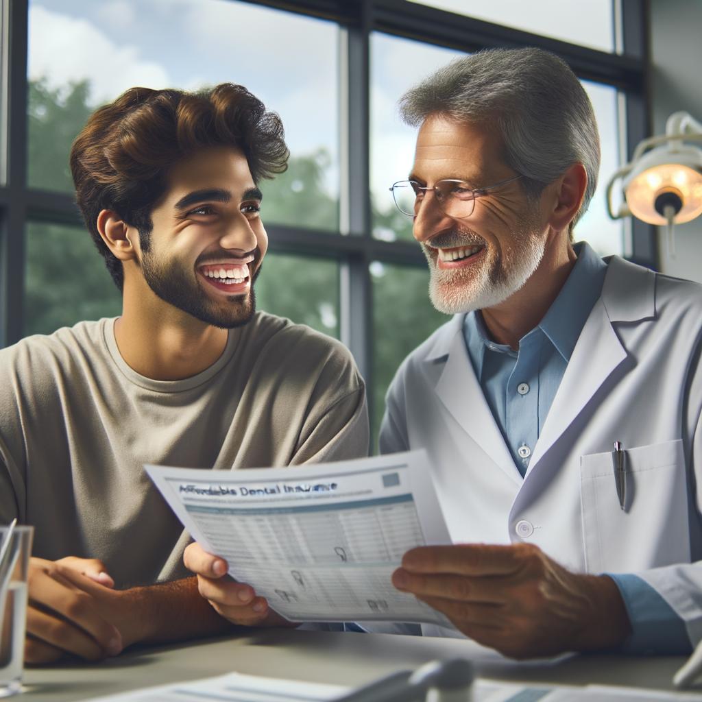 Seguro dental económico con una persona y un asesor comentando un plan en una consulta luminosa