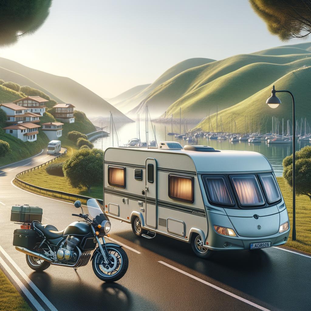 Seguro caravana moto con caravana y motocicleta estacionadas junto a carretera costera entre colinas verdes