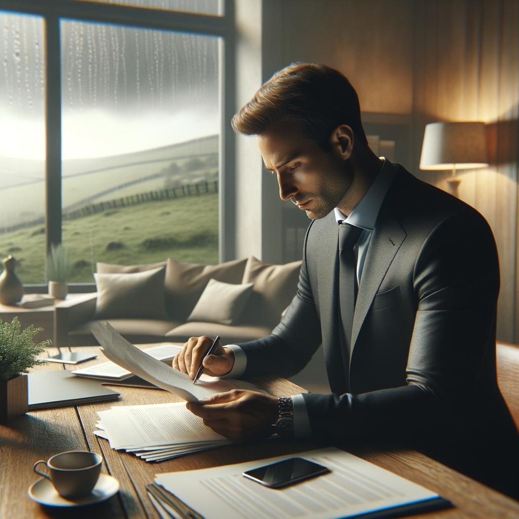 Revisar seguro anual con persona revisando documentos en un despacho con lluvia tras la ventana