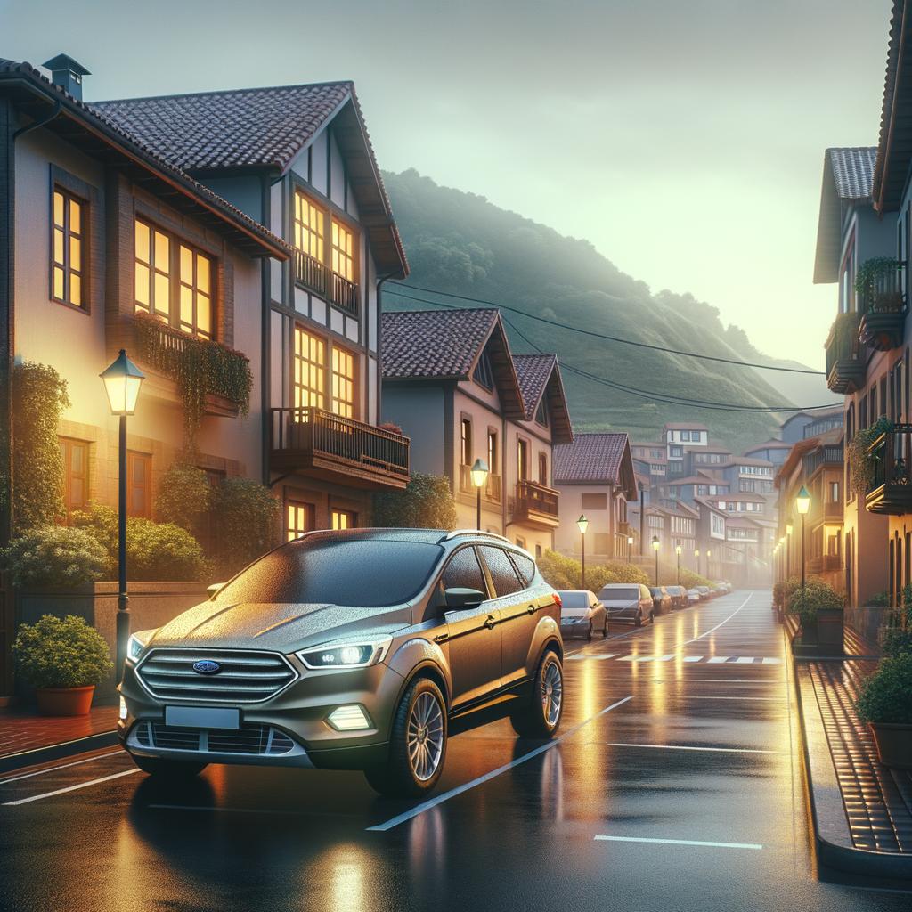 Seguro coche completo con un vehículo estacionado en una calle residencial húmeda al amanecer