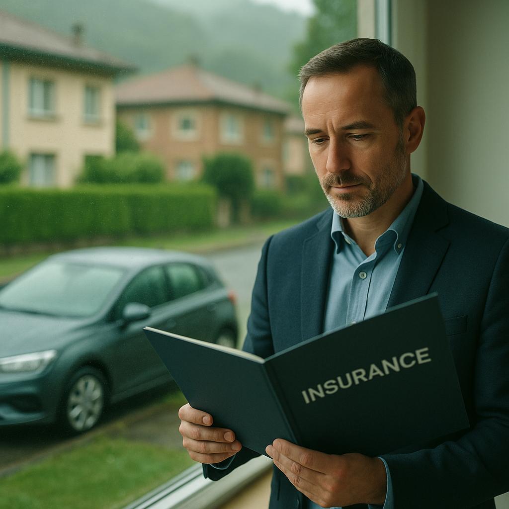 Seguro coche completo con asesor revisando una carpeta junto a una ventana, con un coche aparcado en la calle