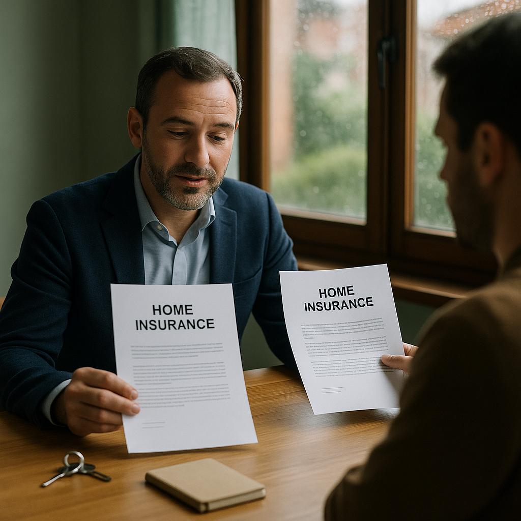 Comparar seguros hogar en reunión con asesor y cliente revisando dos pólizas en una mesa de madera, con llaves y libreta