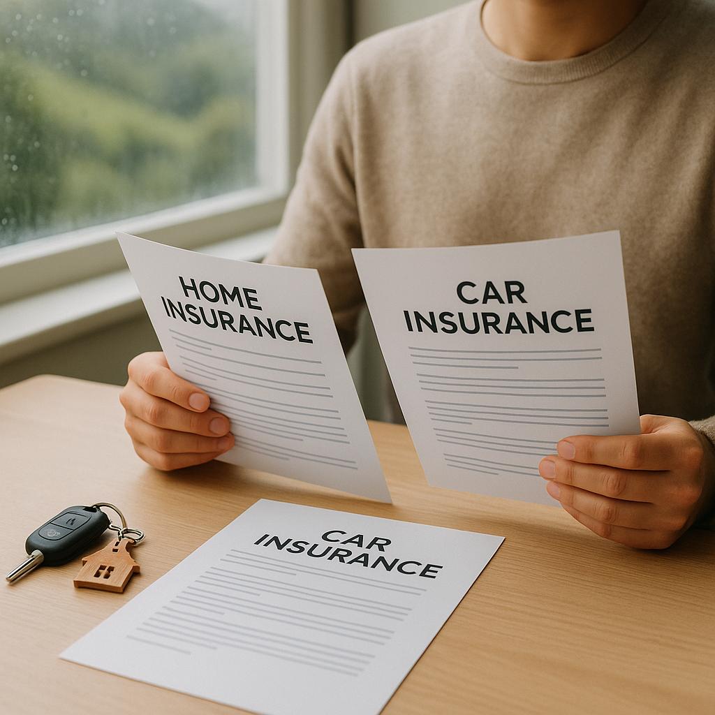 Seguro combinado hogar coche con persona revisando dos documentos en mesa, junto a llaves de coche y llavero de casa