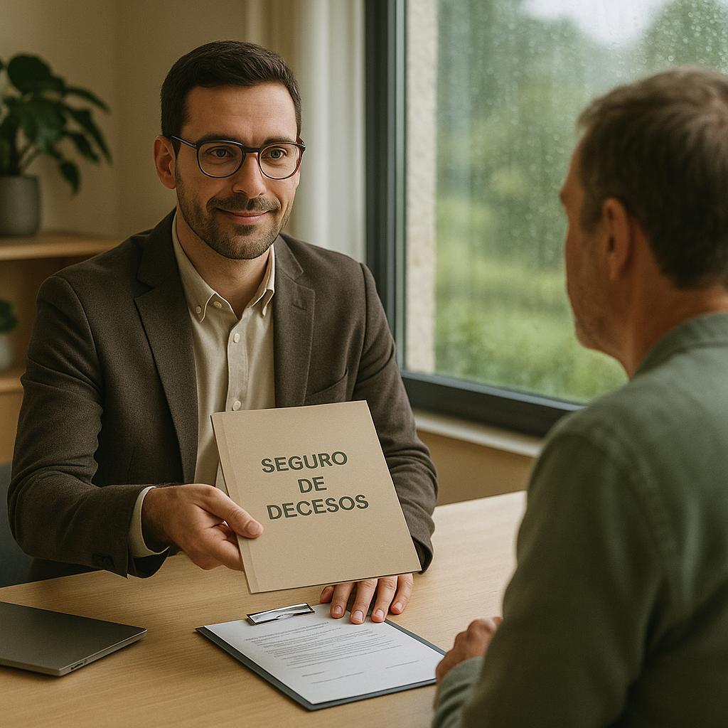 Seguro decesos españa con asesor en oficina entregando carpeta a un cliente junto a una ventana con lluvia