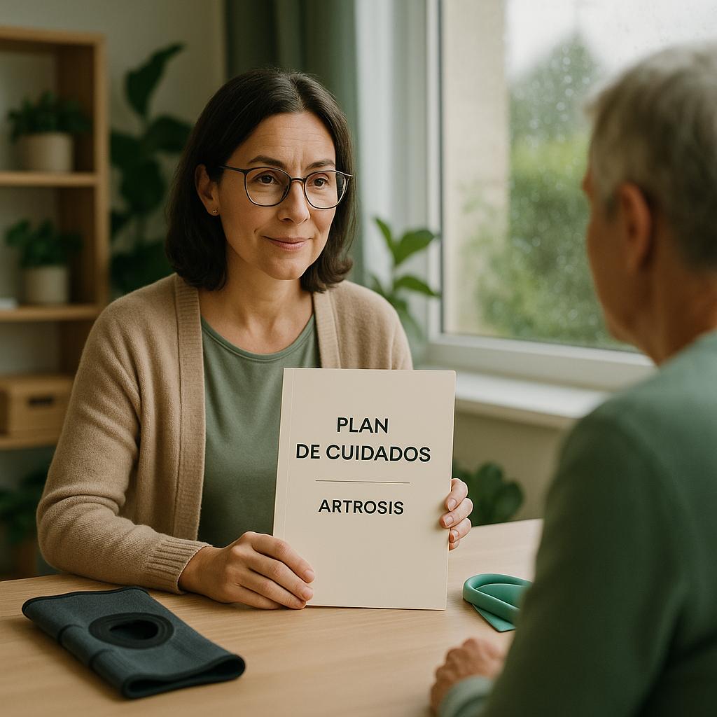 Seguro salud artrosis con asesora mostrando carpeta de plan de cuidados a un cliente, con banda elástica y rodillera sobre la mesa