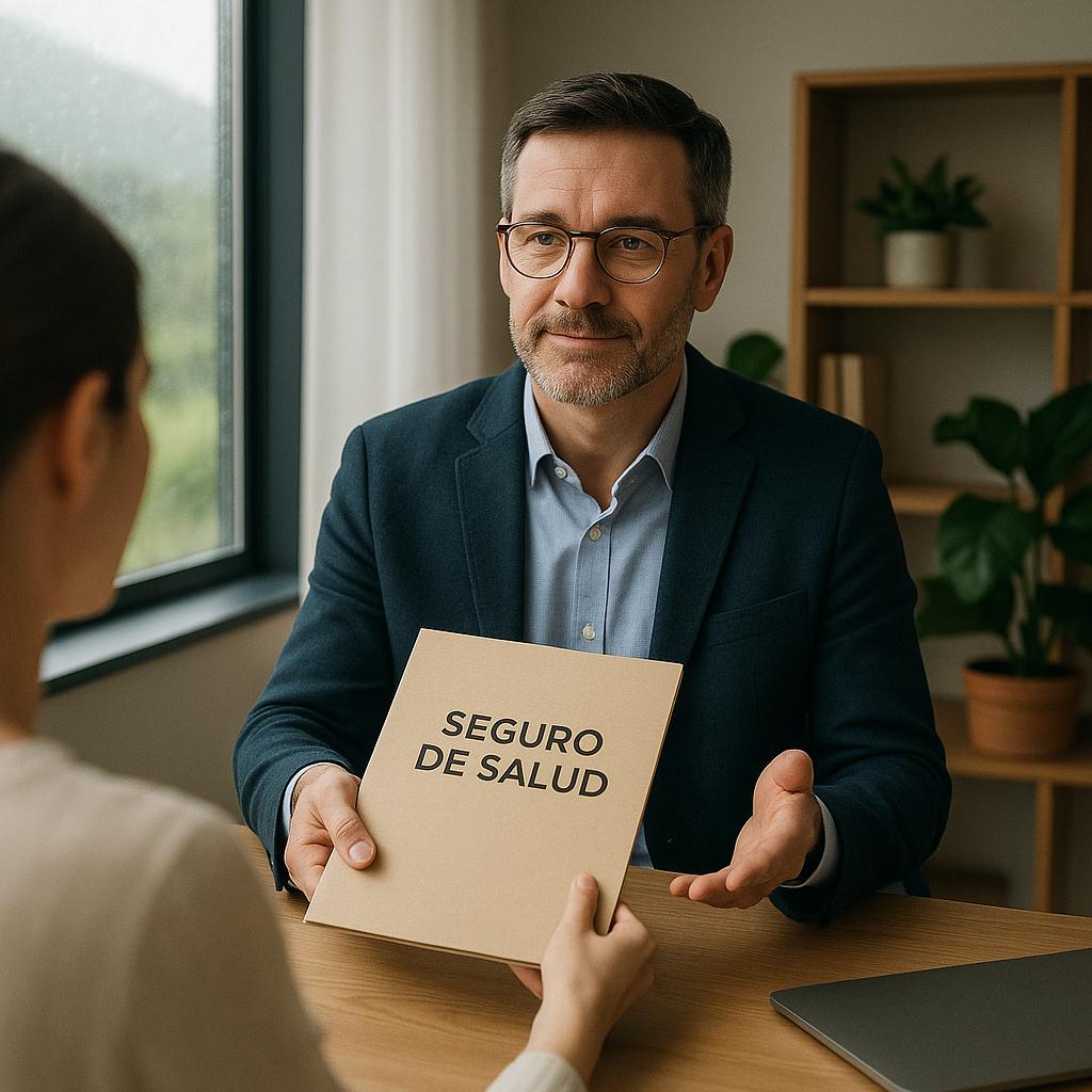 Seguro salud beneficio empresa con asesor entregando carpeta de seguro de salud a una empleada en oficina luminosa