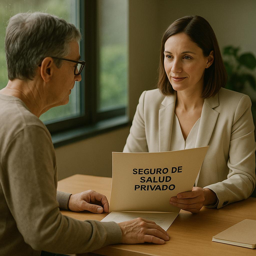 Renovar seguro salud en reunión con asesora, revisando carpeta de seguro de salud privado junto a una ventana
