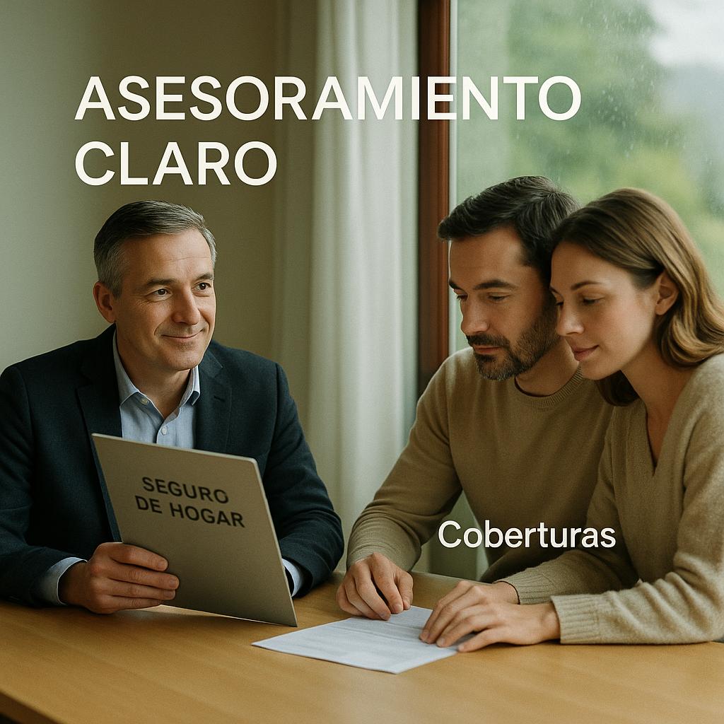 Seguro tranquilidad en reunión: asesor con carpeta y pareja revisando documentos junto a una ventana con lluvia suave