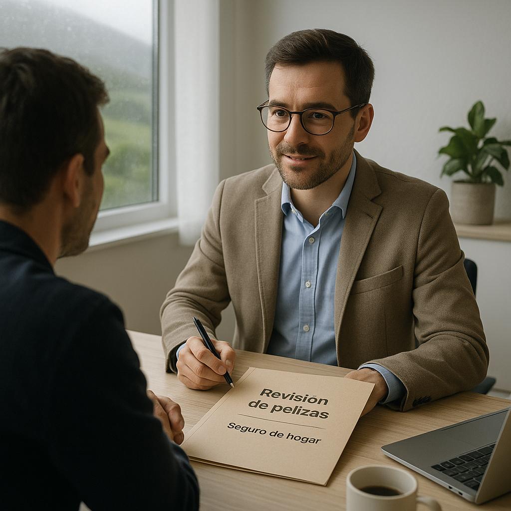 Revisar pólizas seguro en reunión con asesor y cliente, con carpeta “Revisión de pólizas” y “Seguro de hogar” sobre la mesa