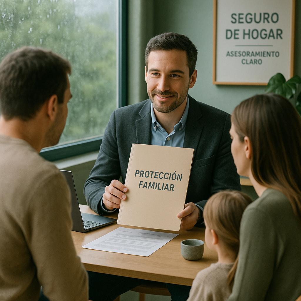 Seguro familiar completo con asesor mostrando carpeta a pareja y un niño en una mesa, con luz natural junto a ventana con lluvia