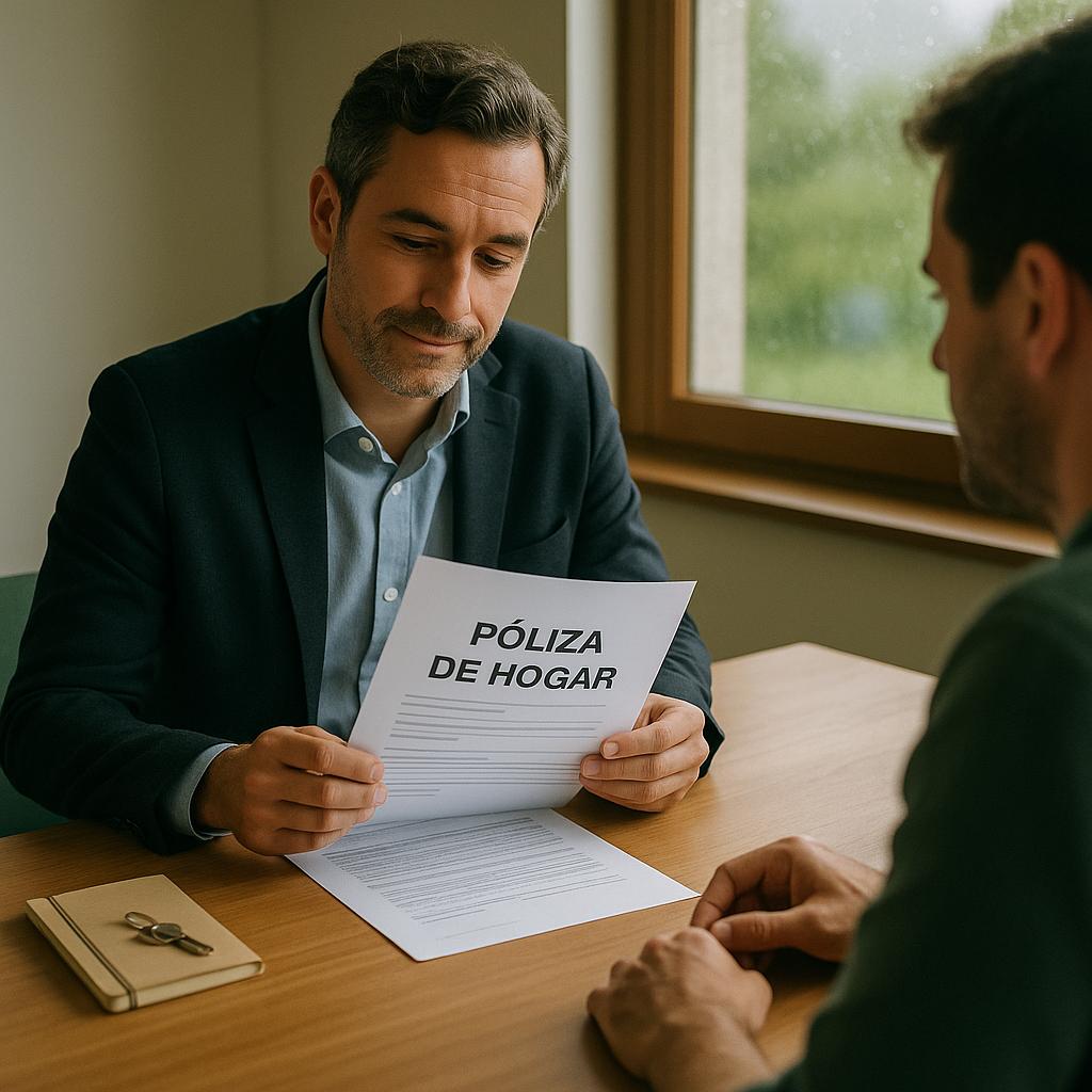 Coberturas seguro hogar raras en una revisión de póliza con asesor y cliente en mesa, con llaves y libreta junto a la ventana