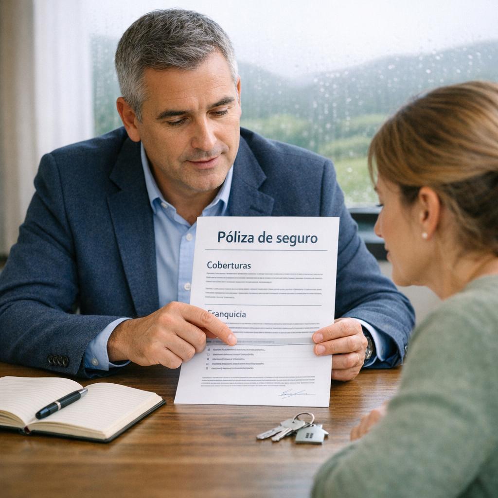 Errores contratar seguro: asesor señalando una póliza en español a una clienta, con llaves de casa y cuaderno sobre la mesa