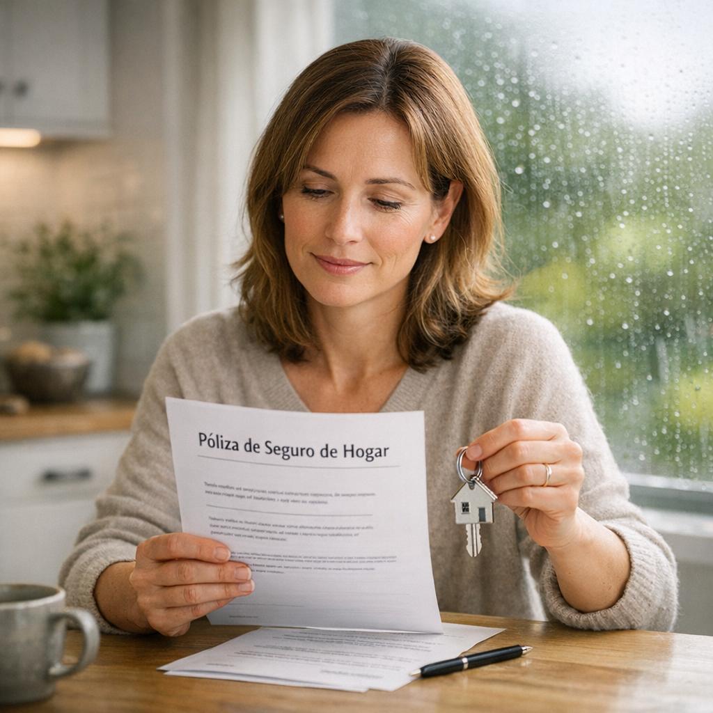 Seguro hogar diario con persona revisando una póliza y llaves de casa en la cocina, con lluvia en la ventana