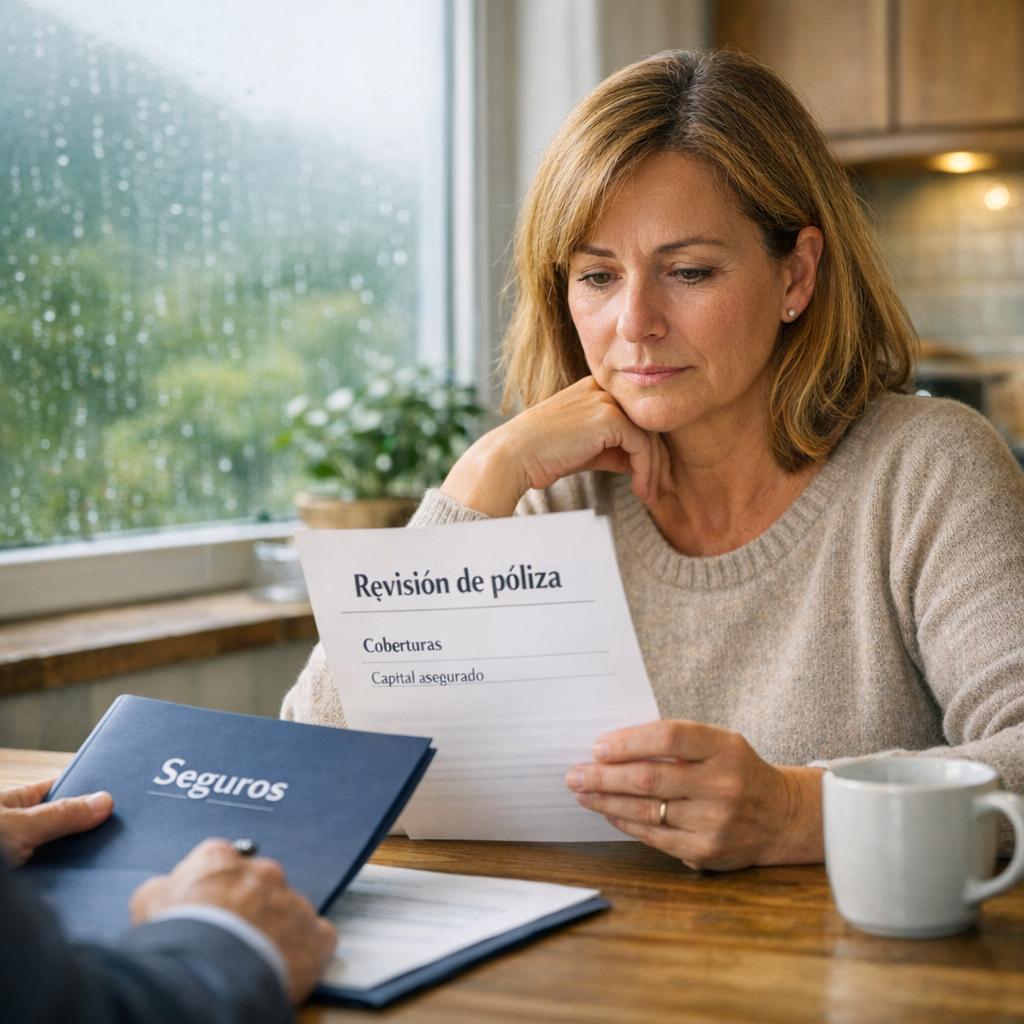 Cobertura insuficiente seguro en revisión de póliza con asesora en mesa de cocina, con carpeta de seguros y lluvia en la ventana