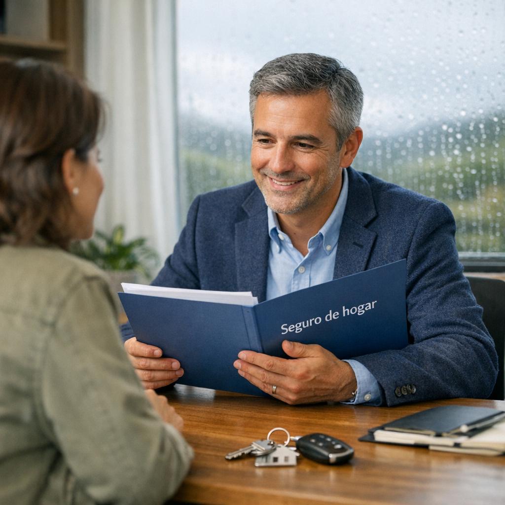 Previsión con seguros con asesor y cliente revisando carpeta, con llaves de casa y coche sobre la mesa