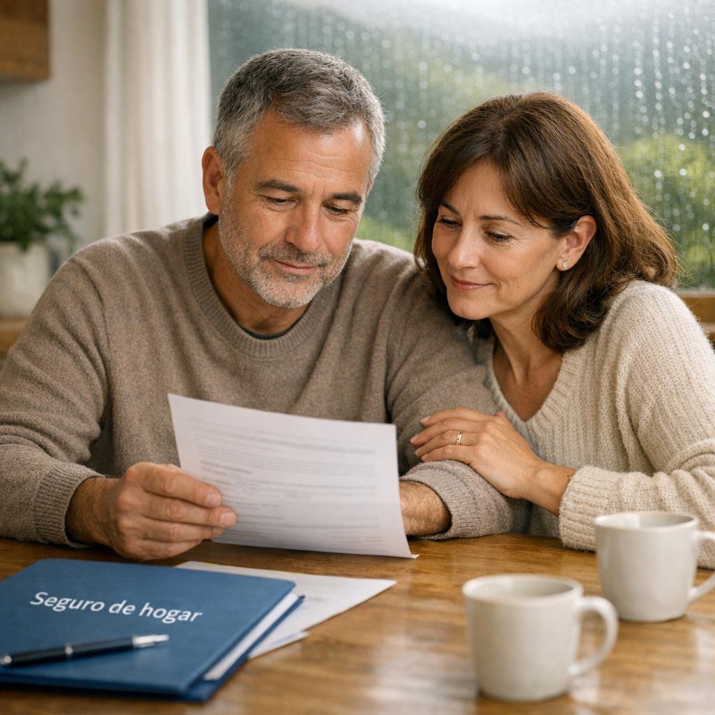 Pareja en mesa de cocina revisando documento, con carpeta de Seguro de hogar; enfoque sobre seguro por amor