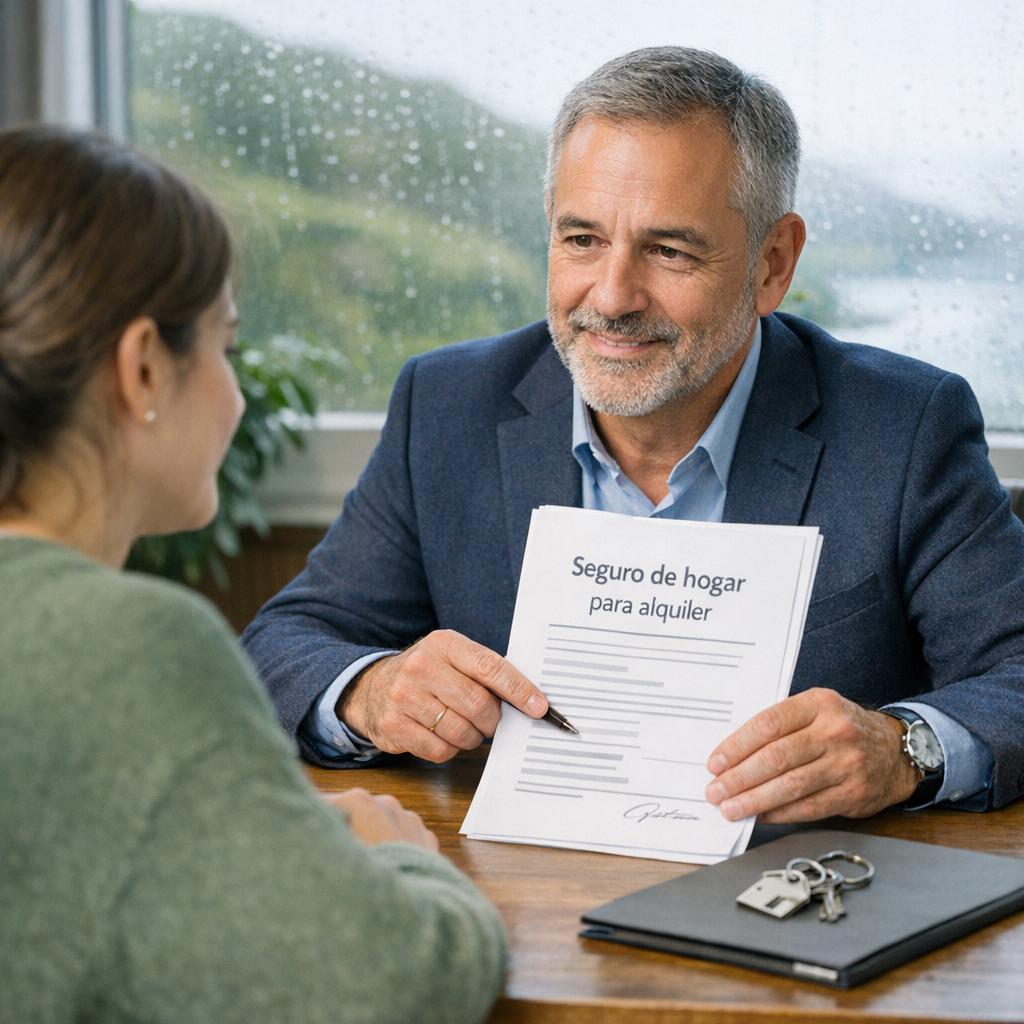 Seguro alquiler propietarios con asesor mostrando una póliza a una persona, con llaves y carpeta sobre la mesa