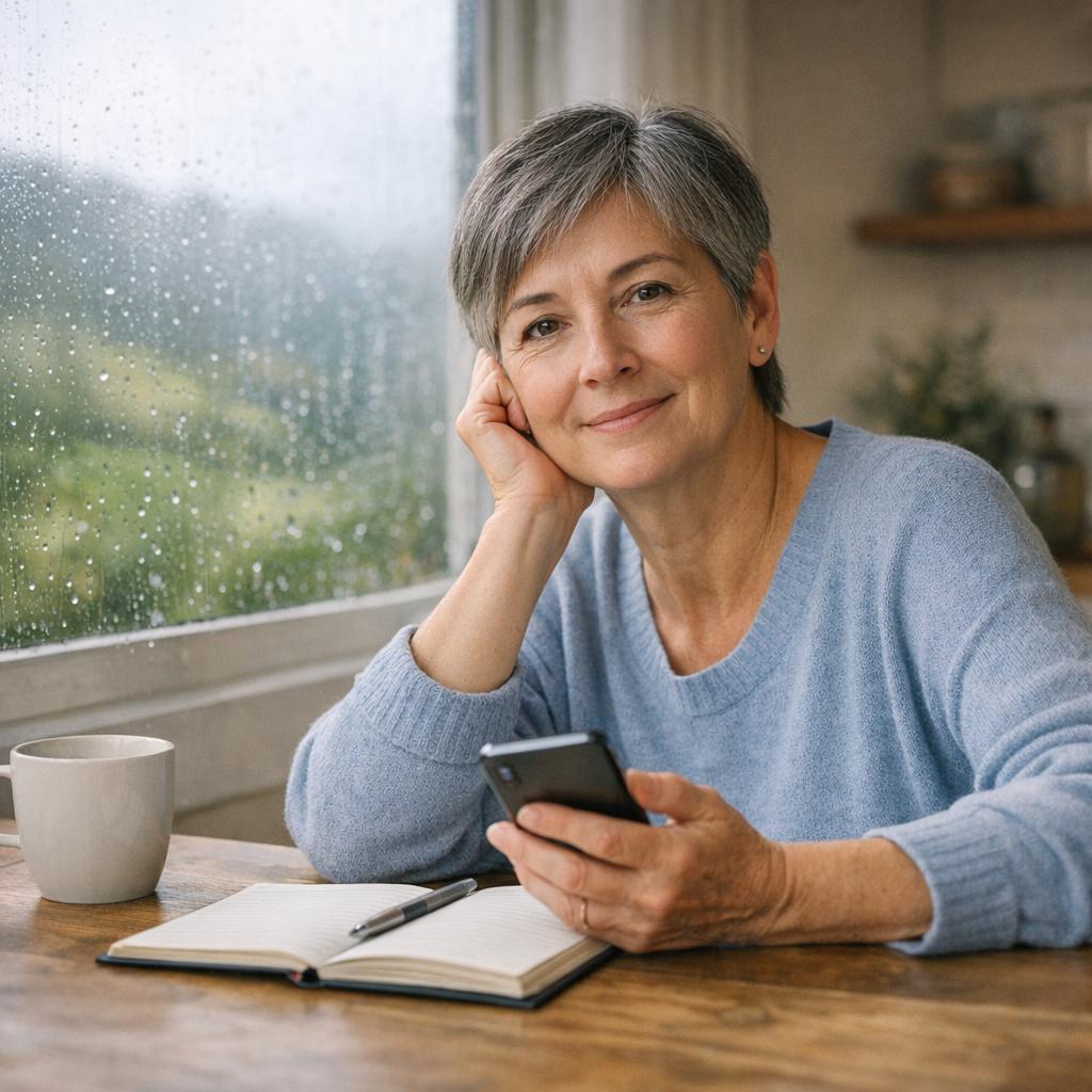 Seguro salud mental con persona serena en mesa de cocina, móvil en mano, cuaderno abierto y luz suave junto a ventana con lluvia