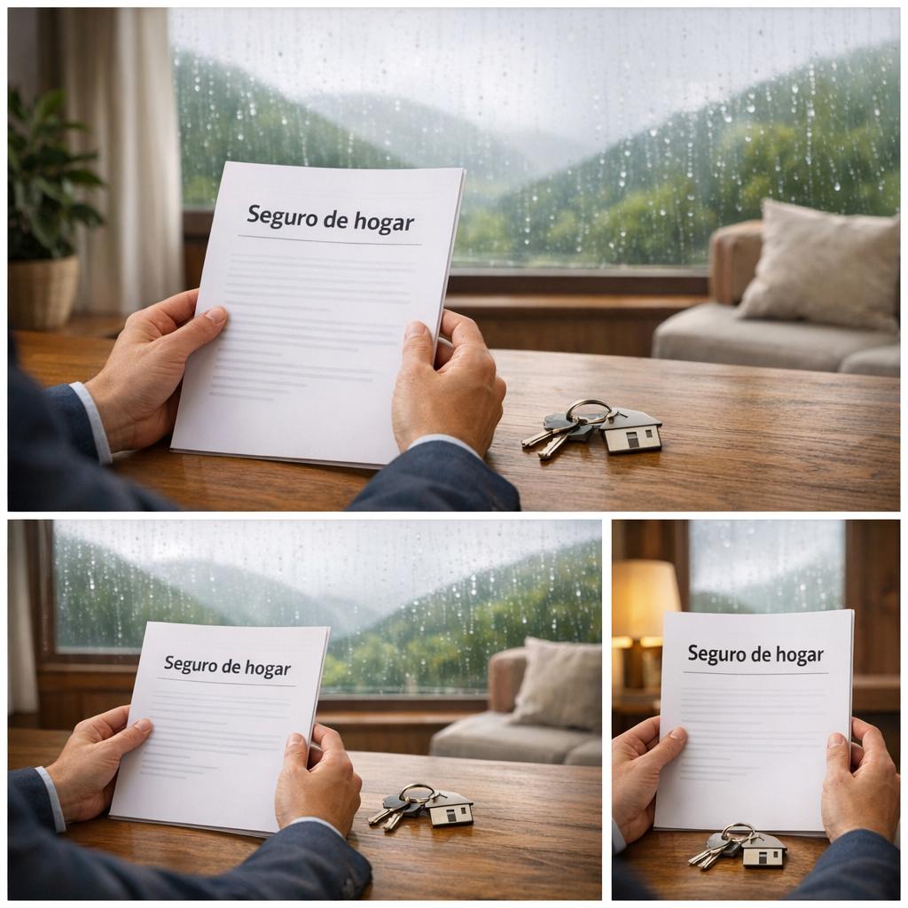 Seguro hogar tormentas con manos sosteniendo documento de seguro, llaves de casa y lluvia en la ventana