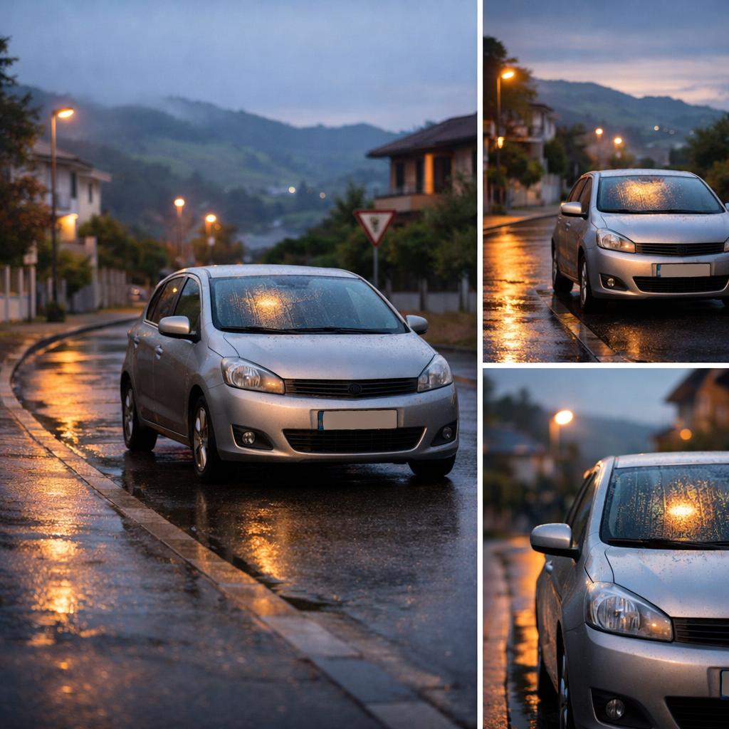 Seguro coche completo con coche compacto aparcado en calle residencial mojada al atardecer, con colinas verdes al fondo