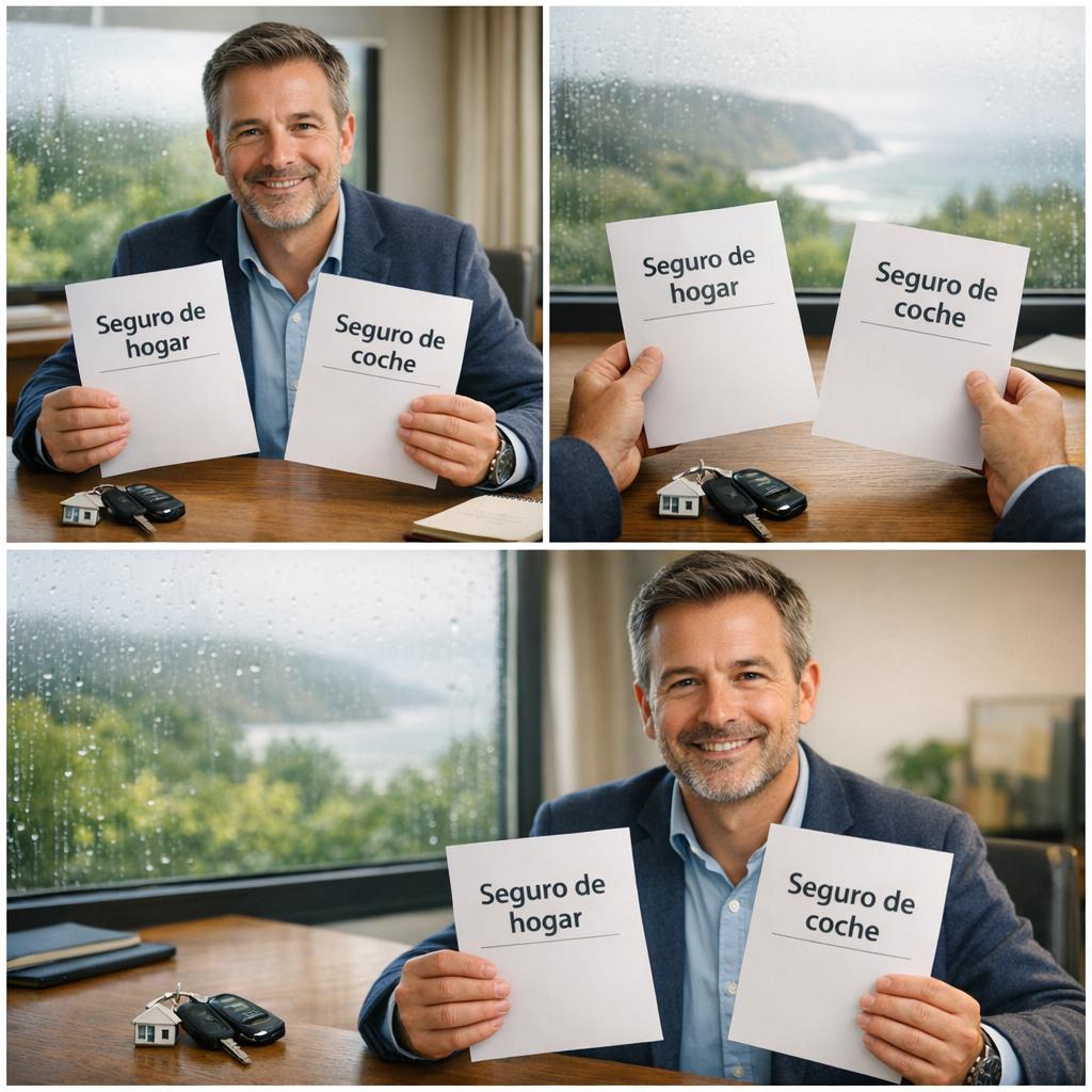 Asesor en mesa con documentos “Seguro de hogar” y “Seguro de coche”, llaves y llavero de casa, seguro combinado hogar coche