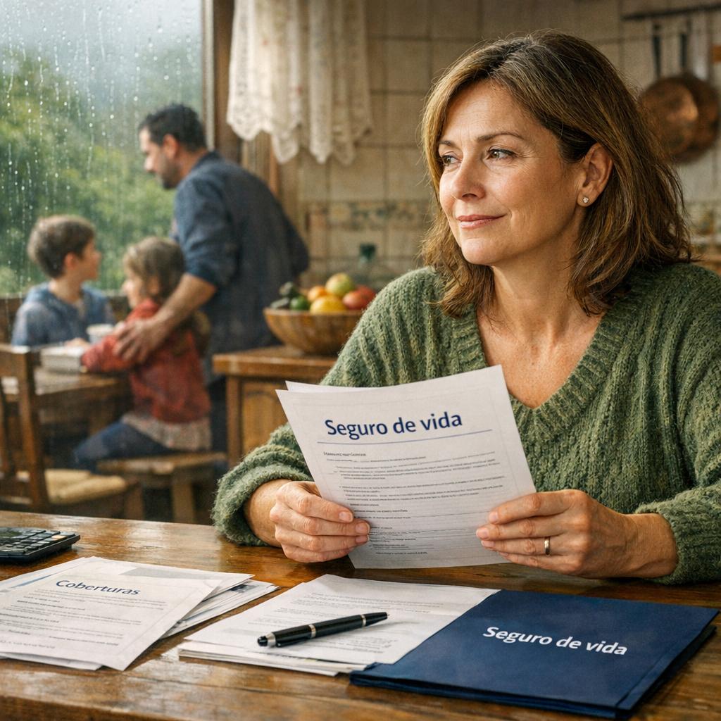 Cobertura seguro vida con mujer revisando póliza en la cocina mientras su familia aparece al fondo junto a una ventana con lluvia