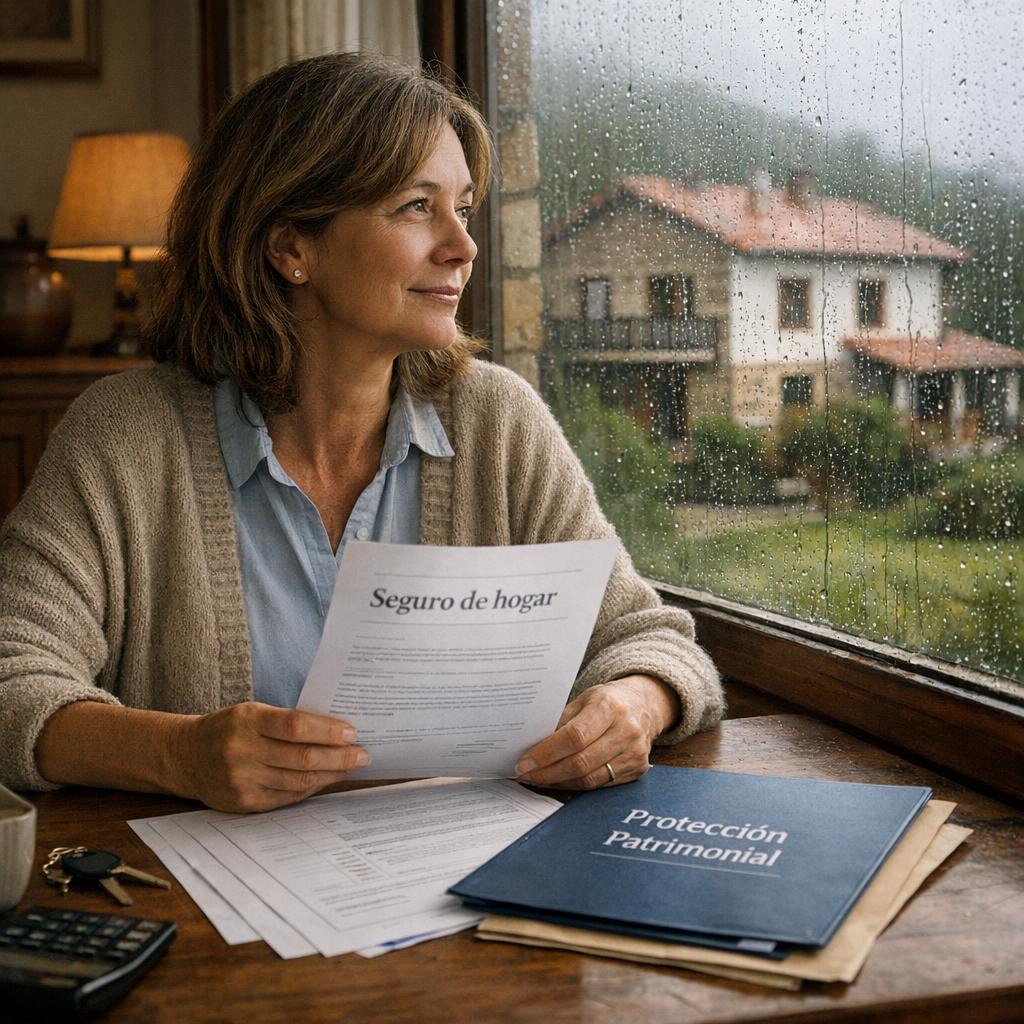 Proteger patrimonio seguro con persona revisando póliza y documentos junto a una ventana con lluvia frente a una vivienda